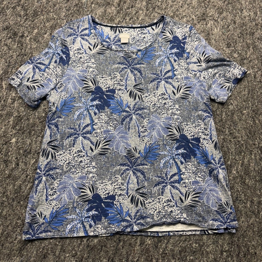 Chicos Blue Tropical Palm Leaf Print Cotton Modal T-Shirt Size 2 Large